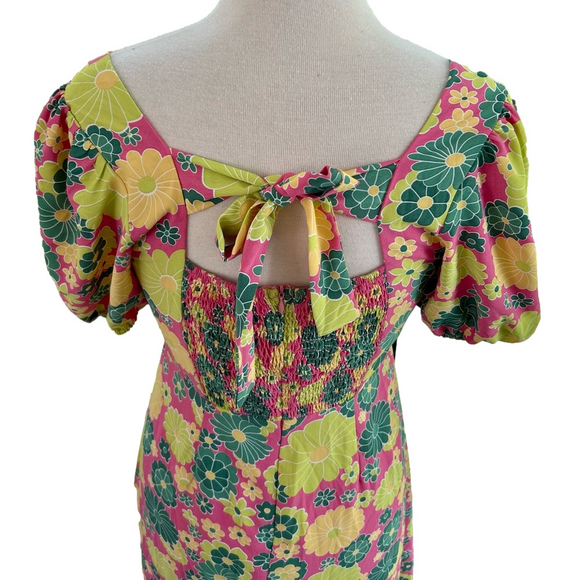 Glamorous Pink Green Yellow Size 8 Dress Floral Tie Back Square Neck Side Split - Picture 8 of 13